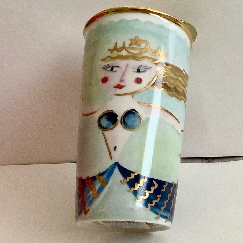 Starbucks Mermaid Siren Ceramic Travel Tumbler Mug Gold Lid 2014 Watercolor new - Picture 12 of 12